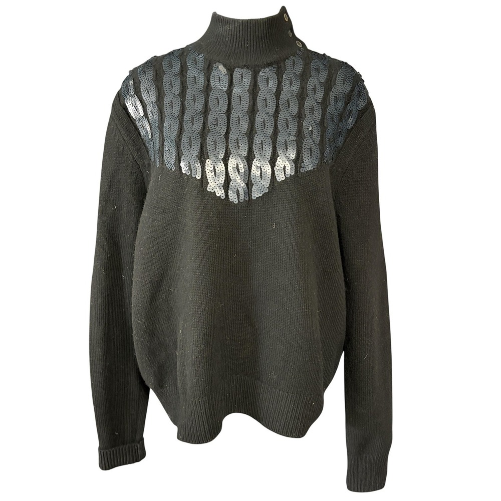 Brooks Brothers Sweater Womens XL Black Merino Wool Sequin Mock Neck Pullover